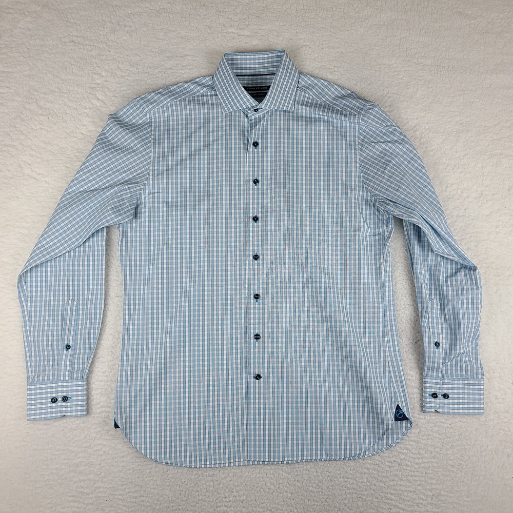 Hammer Made Dress Shirt Mens 16.5/42 Blue‎ White Plaid Italian Fabric Button Up